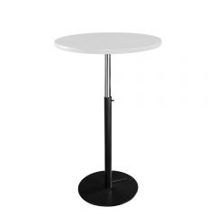 30in round event rental bar table with white top and black hydraulic base.